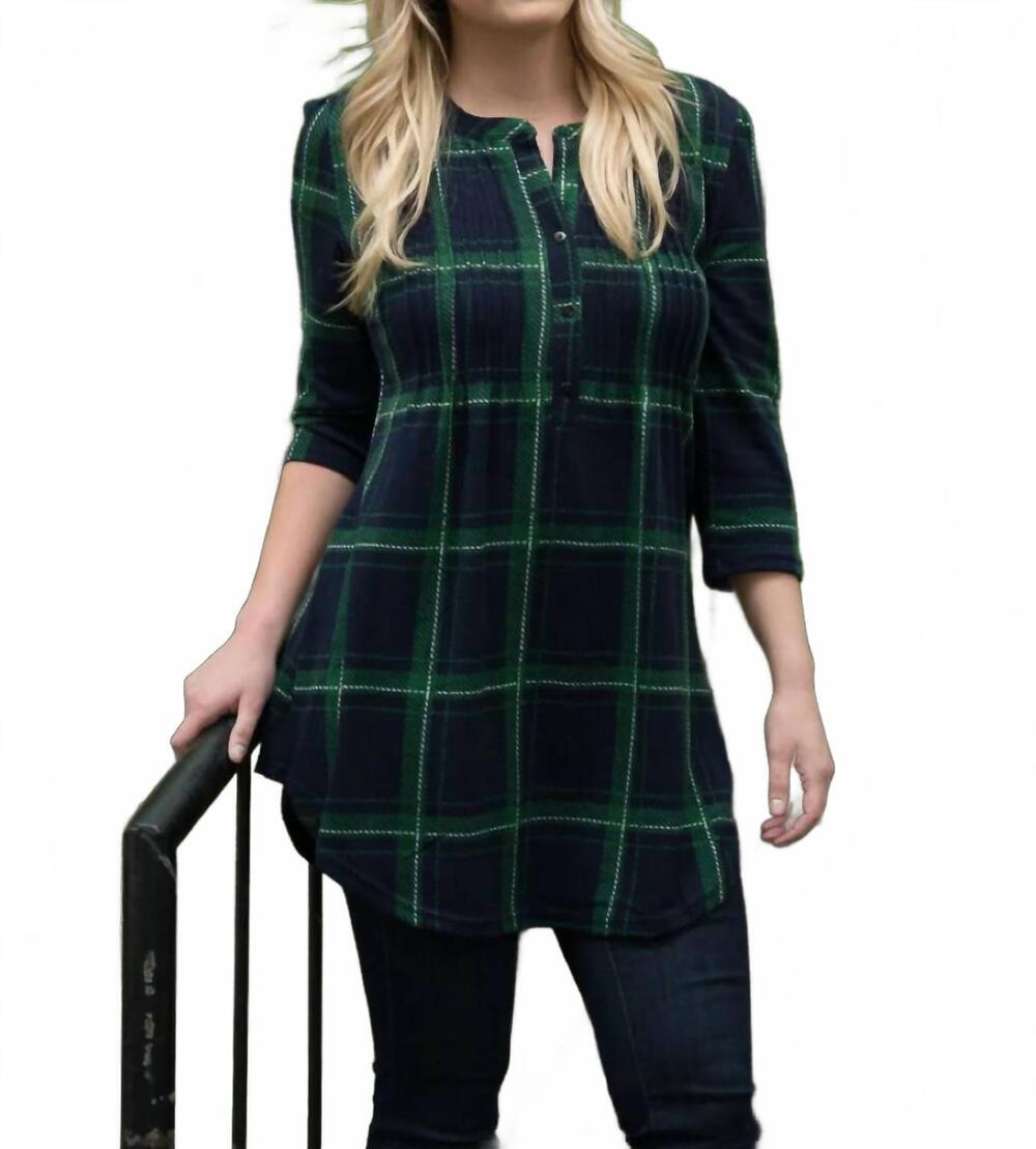 NEW PAPILLON plaid tunic with pleat detail in navy